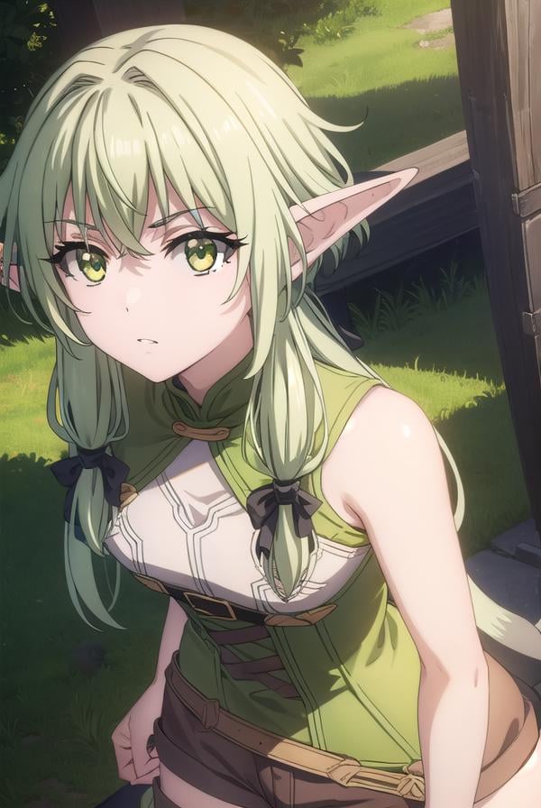 highelfarcher, <lyco:highelfarchers2-lyco-nochekaiser:1>, high elf archer, long hair, (green eyes:1.5), bow, hair bow, black bow, sidelocks, green hair, pointy ears, elf,BREAK thighhighs, boots, shorts, sleeveless, bare arms, thigh boots, brown footwear, brown shorts,BREAK outdoors, nature, grass, forest, sun, cloud, sky,BREAK looking at viewer, (cowboy shot:1.5),BREAK <lyco:GoodHands-beta2:1>, (masterpiece:1.2), best quality, high resolution, unity 8k wallpaper, (illustration:0.8), (beautiful detailed eyes:1.6), extremely detailed face, perfect lighting, extremely detailed CG, (perfect hands, perfect anatomy),