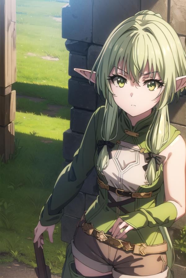 highelfarcher, <lyco:highelfarchers2-lyco-nochekaiser:1>, high elf archer, long hair, (green eyes:1.5), bow, hair bow, black bow, sidelocks, green hair, pointy ears, elf,BREAK thighhighs, boots, shorts, sleeveless, bare arms, thigh boots, brown footwear, brown shorts,BREAK outdoors, nature, grass, forest, sun, cloud, sky,BREAK looking at viewer, (cowboy shot:1.5),BREAK <lyco:GoodHands-beta2:1>, (masterpiece:1.2), best quality, high resolution, unity 8k wallpaper, (illustration:0.8), (beautiful detailed eyes:1.6), extremely detailed face, perfect lighting, extremely detailed CG, (perfect hands, perfect anatomy),