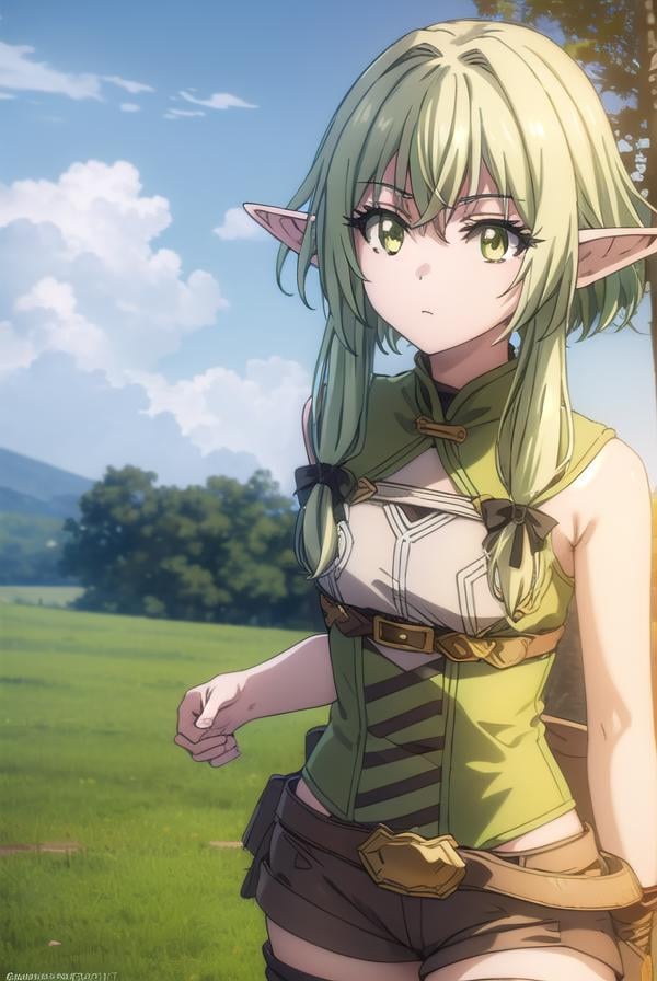 highelfarcher, <lyco:highelfarchers2-lyco-nochekaiser:1>, high elf archer, long hair, (green eyes:1.5), bow, hair bow, black bow, sidelocks, green hair, pointy ears, elf,BREAK thighhighs, boots, shorts, sleeveless, bare arms, thigh boots, brown footwear, brown shorts,BREAK outdoors, nature, grass, forest, sun, cloud, sky,BREAK looking at viewer, (cowboy shot:1.5),BREAK <lyco:GoodHands-beta2:1>, (masterpiece:1.2), best quality, high resolution, unity 8k wallpaper, (illustration:0.8), (beautiful detailed eyes:1.6), extremely detailed face, perfect lighting, extremely detailed CG, (perfect hands, perfect anatomy),