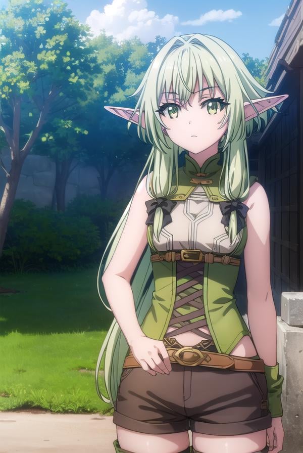 highelfarcher, <lyco:highelfarchers2-lyco-nochekaiser:1>, high elf archer, long hair, (green eyes:1.5), bow, hair bow, black bow, sidelocks, green hair, pointy ears, elf,BREAK thighhighs, boots, shorts, sleeveless, bare arms, thigh boots, brown footwear, brown shorts,BREAK outdoors, nature, grass, forest, sun, cloud, sky,BREAK looking at viewer, (cowboy shot:1.5),BREAK <lyco:GoodHands-beta2:1>, (masterpiece:1.2), best quality, high resolution, unity 8k wallpaper, (illustration:0.8), (beautiful detailed eyes:1.6), extremely detailed face, perfect lighting, extremely detailed CG, (perfect hands, perfect anatomy),