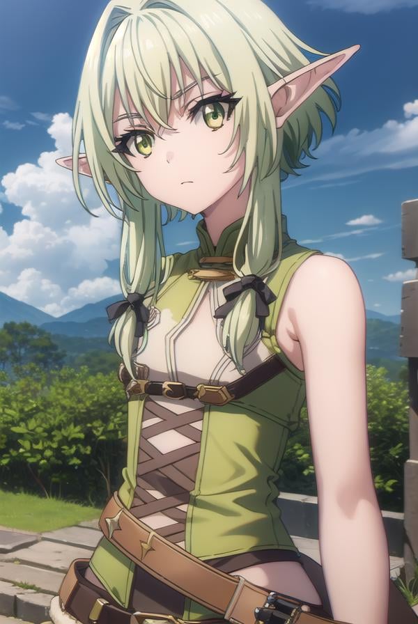 highelfarcher, <lyco:highelfarchers2-lyco-nochekaiser:1>, high elf archer, long hair, (green eyes:1.5), bow, hair bow, black bow, sidelocks, green hair, pointy ears, elf,BREAK thighhighs, boots, shorts, sleeveless, bare arms, thigh boots, brown footwear, brown shorts,BREAK outdoors, nature, grass, forest, sun, cloud, sky,BREAK looking at viewer, (cowboy shot:1.5),BREAK <lyco:GoodHands-beta2:1>, (masterpiece:1.2), best quality, high resolution, unity 8k wallpaper, (illustration:0.8), (beautiful detailed eyes:1.6), extremely detailed face, perfect lighting, extremely detailed CG, (perfect hands, perfect anatomy),