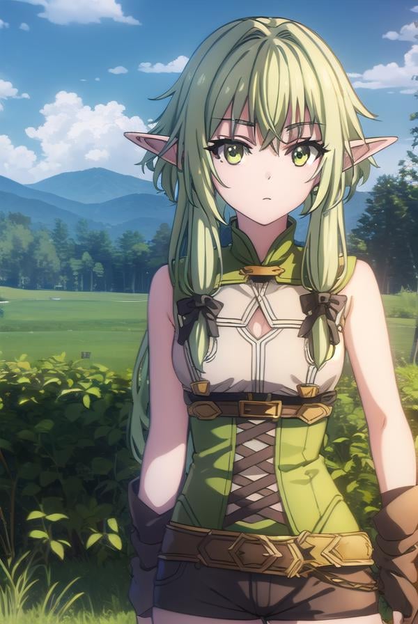 highelfarcher, <lyco:highelfarchers2-lyco-nochekaiser:1>, high elf archer, long hair, (green eyes:1.5), bow, hair bow, black bow, sidelocks, green hair, pointy ears, elf,BREAK thighhighs, boots, shorts, sleeveless, bare arms, thigh boots, brown footwear, brown shorts,BREAK outdoors, nature, grass, forest, sun, cloud, sky,BREAK looking at viewer, (cowboy shot:1.5),BREAK <lyco:GoodHands-beta2:1>, (masterpiece:1.2), best quality, high resolution, unity 8k wallpaper, (illustration:0.8), (beautiful detailed eyes:1.6), extremely detailed face, perfect lighting, extremely detailed CG, (perfect hands, perfect anatomy),