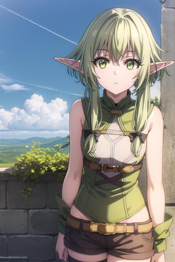 highelfarcher, <lyco:highelfarchers2-lyco-nochekaiser:1>, high elf archer, long hair, (green eyes:1.5), bow, hair bow, black bow, sidelocks, green hair, pointy ears, elf,BREAK thighhighs, boots, shorts, sleeveless, bare arms, thigh boots, brown footwear, brown shorts,BREAK outdoors, nature, grass, forest, sun, cloud, sky,BREAK looking at viewer, (cowboy shot:1.5),BREAK <lyco:GoodHands-beta2:1>, (masterpiece:1.2), best quality, high resolution, unity 8k wallpaper, (illustration:0.8), (beautiful detailed eyes:1.6), extremely detailed face, perfect lighting, extremely detailed CG, (perfect hands, perfect anatomy),