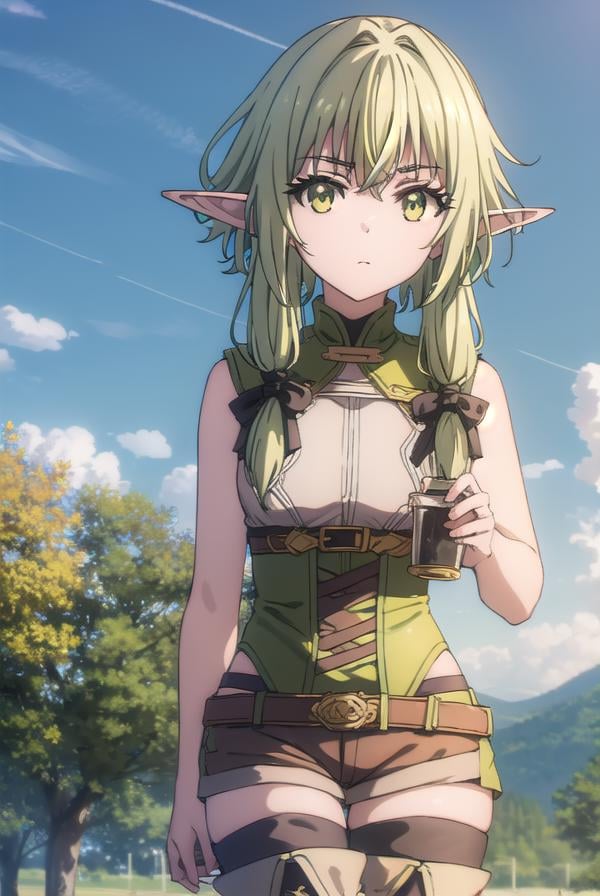 highelfarcher, <lyco:highelfarchers2-lyco-nochekaiser:1>, high elf archer, long hair, (green eyes:1.5), bow, hair bow, black bow, sidelocks, green hair, pointy ears, elf,BREAK thighhighs, boots, shorts, sleeveless, bare arms, thigh boots, brown footwear, brown shorts,BREAK outdoors, nature, grass, forest, sun, cloud, sky,BREAK looking at viewer, (cowboy shot:1.5),BREAK <lyco:GoodHands-beta2:1>, (masterpiece:1.2), best quality, high resolution, unity 8k wallpaper, (illustration:0.8), (beautiful detailed eyes:1.6), extremely detailed face, perfect lighting, extremely detailed CG, (perfect hands, perfect anatomy),