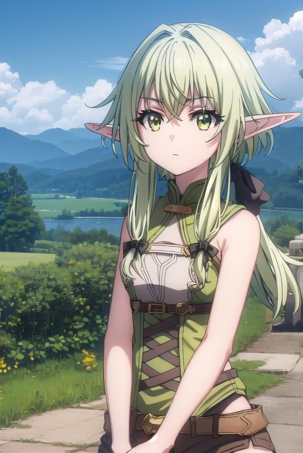 highelfarcher, <lyco:highelfarchers2-lyco-nochekaiser:1>, high elf archer, long hair, (green eyes:1.5), bow, hair bow, black bow, sidelocks, green hair, pointy ears, elf,BREAK thighhighs, boots, shorts, sleeveless, bare arms, thigh boots, brown footwear, brown shorts,BREAK outdoors, nature, grass, forest, sun, cloud, sky,BREAK looking at viewer, (cowboy shot:1.5),BREAK <lyco:GoodHands-beta2:1>, (masterpiece:1.2), best quality, high resolution, unity 8k wallpaper, (illustration:0.8), (beautiful detailed eyes:1.6), extremely detailed face, perfect lighting, extremely detailed CG, (perfect hands, perfect anatomy),