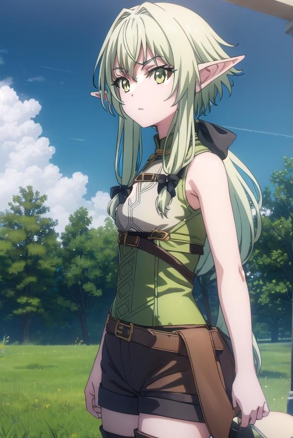 highelfarcher, <lyco:highelfarchers2-lyco-nochekaiser:1>, high elf archer, long hair, (green eyes:1.5), bow, hair bow, black bow, sidelocks, green hair, pointy ears, elf,BREAK thighhighs, boots, shorts, sleeveless, bare arms, thigh boots, brown footwear, brown shorts,BREAK outdoors, nature, grass, forest, sun, cloud, sky,BREAK looking at viewer, (cowboy shot:1.5),BREAK <lyco:GoodHands-beta2:1>, (masterpiece:1.2), best quality, high resolution, unity 8k wallpaper, (illustration:0.8), (beautiful detailed eyes:1.6), extremely detailed face, perfect lighting, extremely detailed CG, (perfect hands, perfect anatomy),