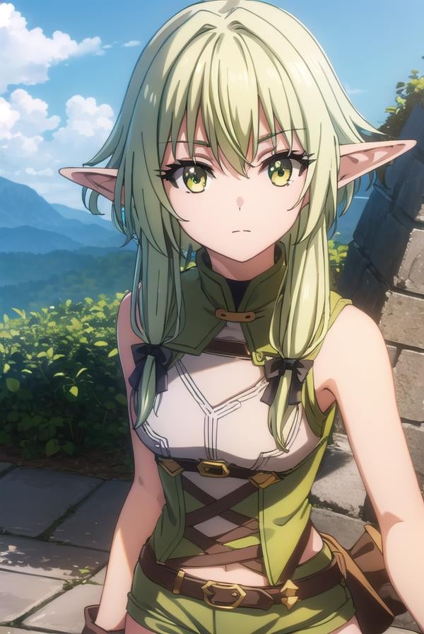 highelfarcher, <lyco:highelfarchers2-lyco-nochekaiser:1>, high elf archer, long hair, (green eyes:1.5), bow, hair bow, black bow, sidelocks, green hair, pointy ears, elf,BREAK thighhighs, boots, shorts, sleeveless, bare arms, thigh boots, brown footwear, brown shorts,BREAK outdoors, nature, grass, forest, sun, cloud, sky,BREAK looking at viewer, (cowboy shot:1.5),BREAK <lyco:GoodHands-beta2:1>, (masterpiece:1.2), best quality, high resolution, unity 8k wallpaper, (illustration:0.8), (beautiful detailed eyes:1.6), extremely detailed face, perfect lighting, extremely detailed CG, (perfect hands, perfect anatomy),