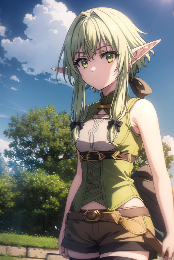 highelfarcher, <lyco:highelfarchers2-lyco-nochekaiser:1>, high elf archer, long hair, (green eyes:1.5), bow, hair bow, black bow, sidelocks, green hair, pointy ears, elf,BREAK thighhighs, boots, shorts, sleeveless, bare arms, thigh boots, brown footwear, brown shorts,BREAK outdoors, nature, grass, forest, sun, cloud, sky,BREAK looking at viewer, (cowboy shot:1.5),BREAK <lyco:GoodHands-beta2:1>, (masterpiece:1.2), best quality, high resolution, unity 8k wallpaper, (illustration:0.8), (beautiful detailed eyes:1.6), extremely detailed face, perfect lighting, extremely detailed CG, (perfect hands, perfect anatomy),