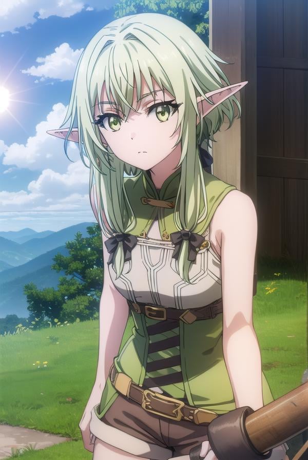 highelfarcher, <lyco:highelfarchers2-lyco-nochekaiser:1>, high elf archer, long hair, (green eyes:1.5), bow, hair bow, black bow, sidelocks, green hair, pointy ears, elf,BREAK thighhighs, boots, shorts, sleeveless, bare arms, thigh boots, brown footwear, brown shorts,BREAK outdoors, nature, grass, forest, sun, cloud, sky,BREAK looking at viewer, (cowboy shot:1.5),BREAK <lyco:GoodHands-beta2:1>, (masterpiece:1.2), best quality, high resolution, unity 8k wallpaper, (illustration:0.8), (beautiful detailed eyes:1.6), extremely detailed face, perfect lighting, extremely detailed CG, (perfect hands, perfect anatomy),