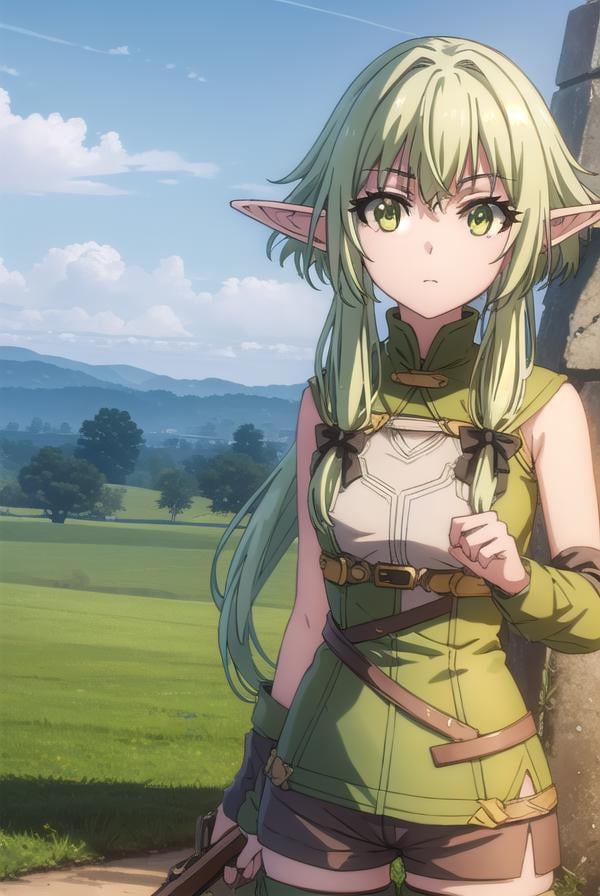 highelfarcher, <lyco:highelfarchers2-lyco-nochekaiser:1>, high elf archer, long hair, (green eyes:1.5), bow, hair bow, black bow, sidelocks, green hair, pointy ears, elf,BREAK thighhighs, boots, shorts, sleeveless, bare arms, thigh boots, brown footwear, brown shorts,BREAK outdoors, nature, grass, forest, sun, cloud, sky,BREAK looking at viewer, (cowboy shot:1.5),BREAK <lyco:GoodHands-beta2:1>, (masterpiece:1.2), best quality, high resolution, unity 8k wallpaper, (illustration:0.8), (beautiful detailed eyes:1.6), extremely detailed face, perfect lighting, extremely detailed CG, (perfect hands, perfect anatomy),