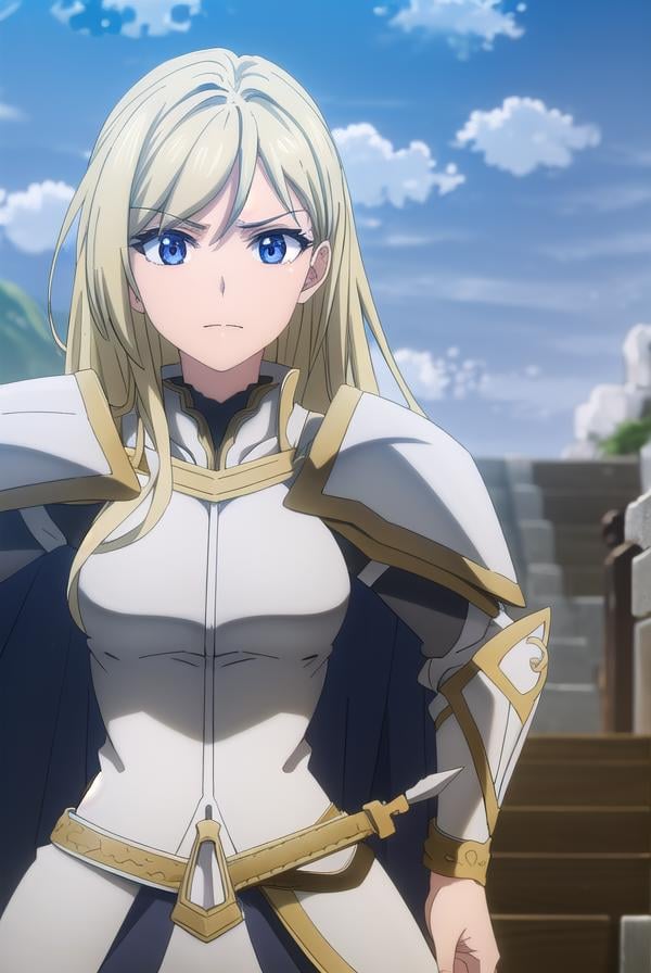 femaleknight, <lora:femaleknight-lora-nochekaiser:1>, female knight, long hair, blue eyes, blonde hair,BREAK weapon, sword, cape, armor, shoulder armor, gauntlets, pauldrons, breastplate, knight,BREAK outdoors, forest, grass, nature, sky, cloud, sun,BREAK looking at viewer, (cowboy shot:1.5),BREAK <lyco:GoodHands-beta2:1>, (masterpiece:1.2), best quality, high resolution, unity 8k wallpaper, (illustration:0.8), (beautiful detailed eyes:1.6), extremely detailed face, perfect lighting, extremely detailed CG, (perfect hands, perfect anatomy),