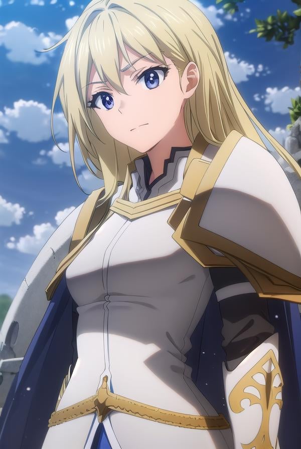 femaleknight, <lora:femaleknight-lora-nochekaiser:1>, female knight, long hair, blue eyes, blonde hair,BREAK weapon, sword, cape, armor, shoulder armor, gauntlets, pauldrons, breastplate, knight,BREAK outdoors, forest, grass, nature, sky, cloud, sun,BREAK looking at viewer, (cowboy shot:1.5),BREAK <lyco:GoodHands-beta2:1>, (masterpiece:1.2), best quality, high resolution, unity 8k wallpaper, (illustration:0.8), (beautiful detailed eyes:1.6), extremely detailed face, perfect lighting, extremely detailed CG, (perfect hands, perfect anatomy),