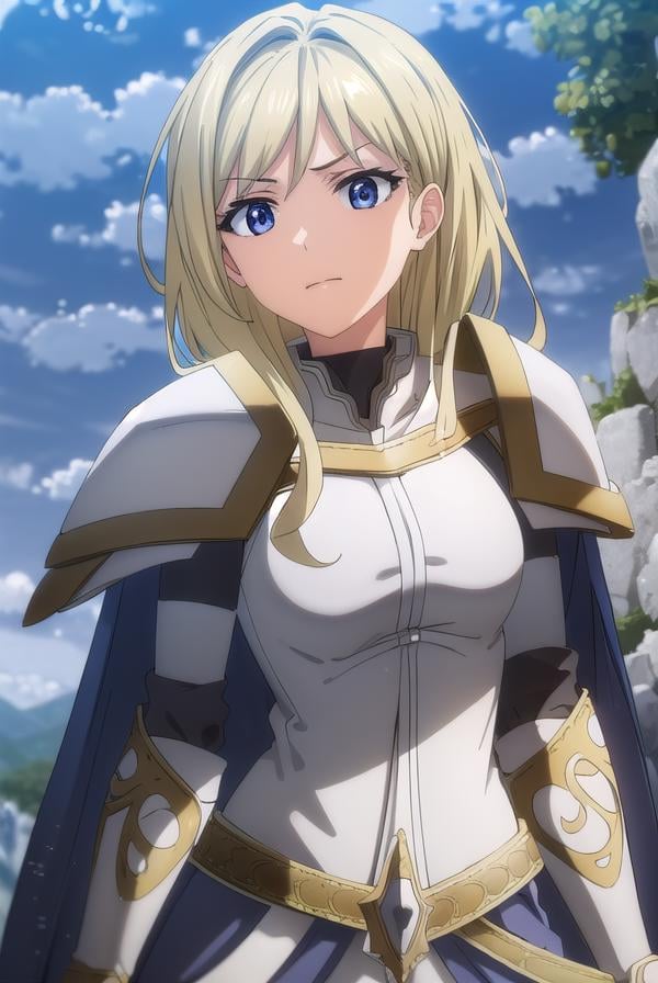 femaleknight, <lora:femaleknight-lora-nochekaiser:1>, female knight, long hair, blue eyes, blonde hair,BREAK weapon, sword, cape, armor, shoulder armor, gauntlets, pauldrons, breastplate, knight,BREAK outdoors, forest, grass, nature, sky, cloud, sun,BREAK looking at viewer, (cowboy shot:1.5),BREAK <lyco:GoodHands-beta2:1>, (masterpiece:1.2), best quality, high resolution, unity 8k wallpaper, (illustration:0.8), (beautiful detailed eyes:1.6), extremely detailed face, perfect lighting, extremely detailed CG, (perfect hands, perfect anatomy),