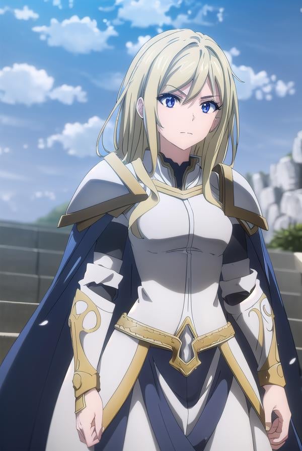 femaleknight, <lora:femaleknight-lora-nochekaiser:1>, female knight, long hair, blue eyes, blonde hair,BREAK weapon, sword, cape, armor, shoulder armor, gauntlets, pauldrons, breastplate, knight,BREAK outdoors, forest, grass, nature, sky, cloud, sun,BREAK looking at viewer, (cowboy shot:1.5),BREAK <lyco:GoodHands-beta2:1>, (masterpiece:1.2), best quality, high resolution, unity 8k wallpaper, (illustration:0.8), (beautiful detailed eyes:1.6), extremely detailed face, perfect lighting, extremely detailed CG, (perfect hands, perfect anatomy),