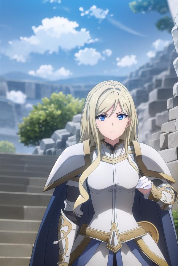 femaleknight, <lora:femaleknight-lora-nochekaiser:1>, female knight, long hair, blue eyes, blonde hair,BREAK weapon, sword, cape, armor, shoulder armor, gauntlets, pauldrons, breastplate, knight,BREAK outdoors, forest, grass, nature, sky, cloud, sun,BREAK looking at viewer, (cowboy shot:1.5),BREAK <lyco:GoodHands-beta2:1>, (masterpiece:1.2), best quality, high resolution, unity 8k wallpaper, (illustration:0.8), (beautiful detailed eyes:1.6), extremely detailed face, perfect lighting, extremely detailed CG, (perfect hands, perfect anatomy),