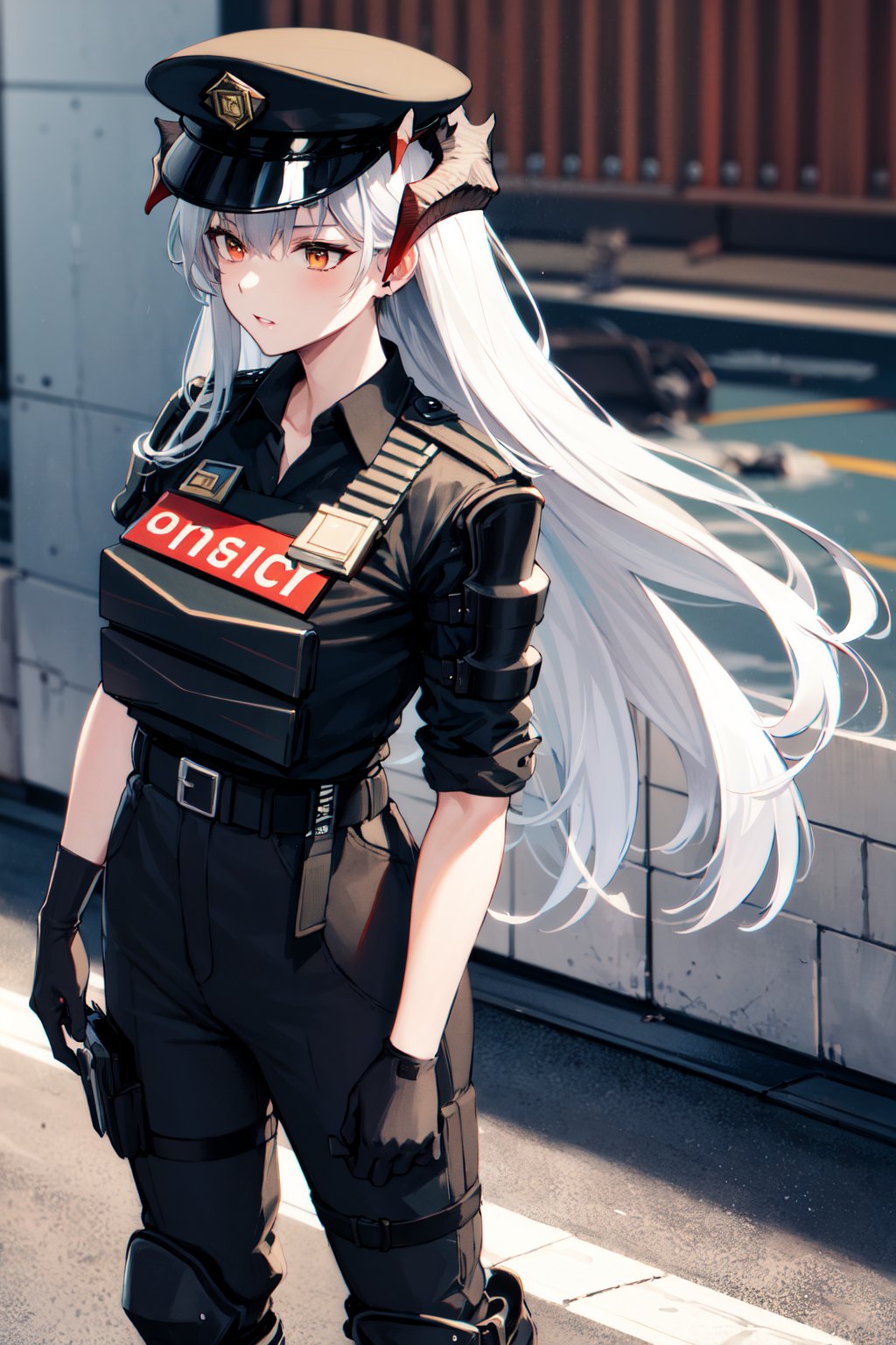 masterpiece, best quality, highres, aasaria, long hair, horns, police hat, black headwear, police uniform, tactical clothes, black shirt, collared shirt, walkie-talkie, sleeves rolled up, single glove, black gloves, belt, black pants, knee pads, <lora:saria_(arknights)_v1:0.8>, standing, cowboy shot, street, arms at sides,