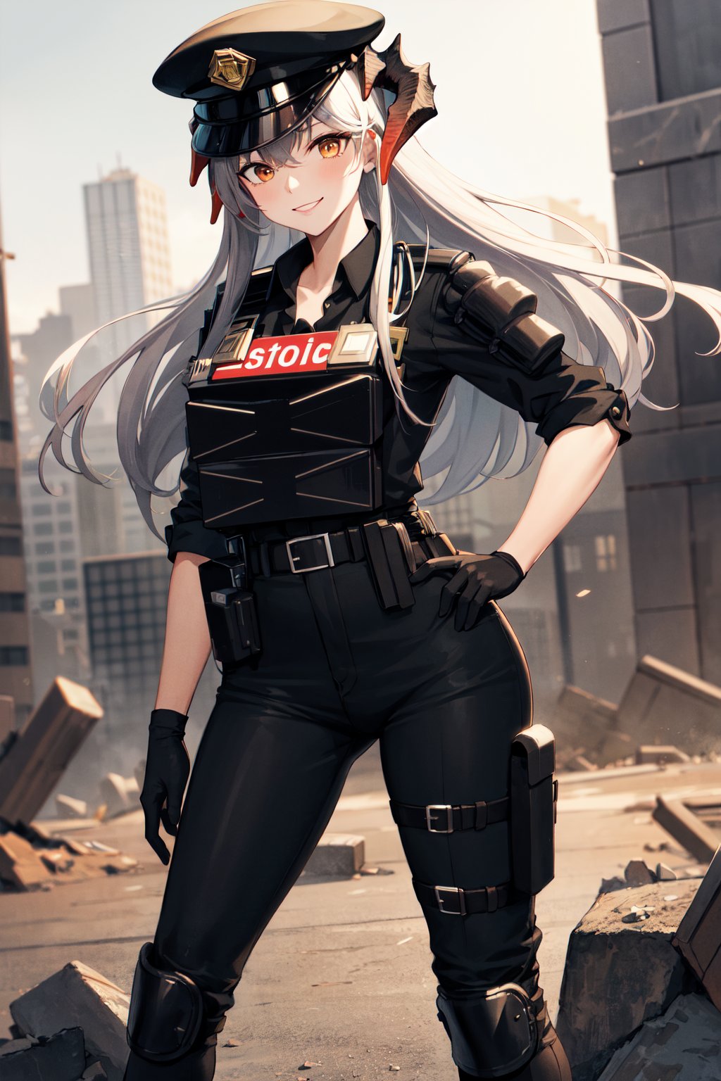 masterpiece, best quality, highres, aasaria, long hair, horns, police hat, black headwear, police uniform, tactical clothes, black shirt, collared shirt, walkie-talkie, sleeves rolled up, single glove, black gloves, belt, black pants, knee pads, <lora:saria_(arknights)_v1:0.8>, ruins, standing, smile,