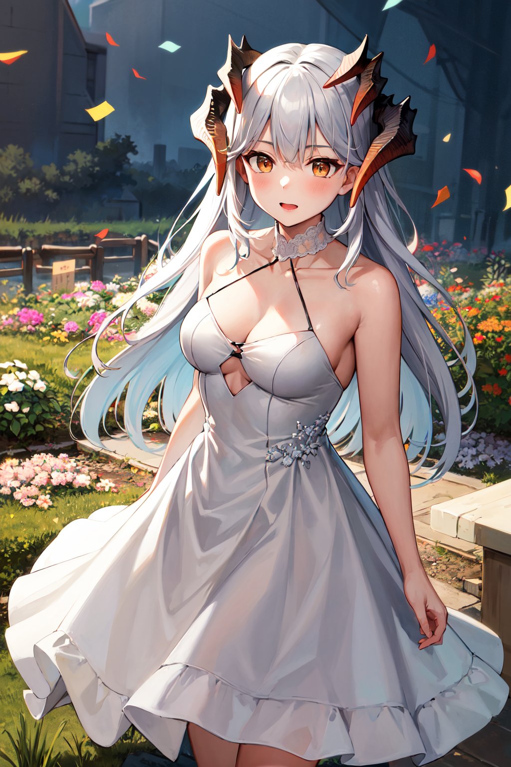 masterpiece, best quality, highres, aasaria, long hair, horns, <lora:saria_(arknights)_v1:0.8>, wedding dress, white dress, garden, standing, confetti, cowboy shot, 