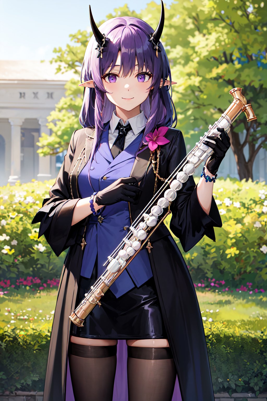 masterpiece, best quality, highres, aahibis, long hair, purple hair, braid, pointy ears, horns, black necktie, purple shirt, black jacket, open clothes, pink flower, long sleeves, bracelet, black gloves, half gloves, black skirt, black pantyhose, <lora:hibiscus_the_purifier_v1:0.7>, standing, holding instrument, flute, smile, outdoors