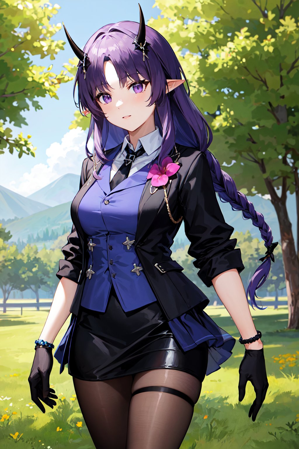 masterpiece, best quality, highres, aahibis, long hair, purple hair, braid, pointy ears, horns, black necktie, purple shirt, black jacket, open clothes, pink flower, long sleeves, bracelet, black gloves, half gloves, black skirt, black pantyhose, <lora:hibiscus_the_purifier_v1:0.7>, cowboy shot, standing, outdoors