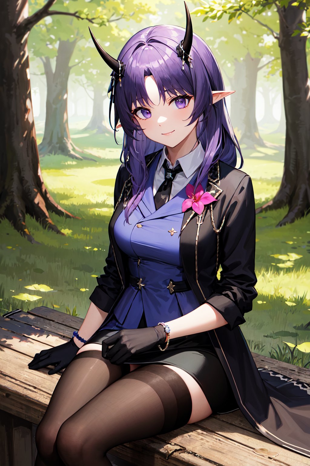 masterpiece, best quality, highres, aahibis, long hair, purple hair, braid, pointy ears, horns, black necktie, purple shirt, black jacket, open clothes, pink flower, long sleeves, bracelet, black gloves, half gloves, black skirt, black pantyhose, <lora:hibiscus_the_purifier_v1:0.7>, forest, sitting, tree stump, smile,