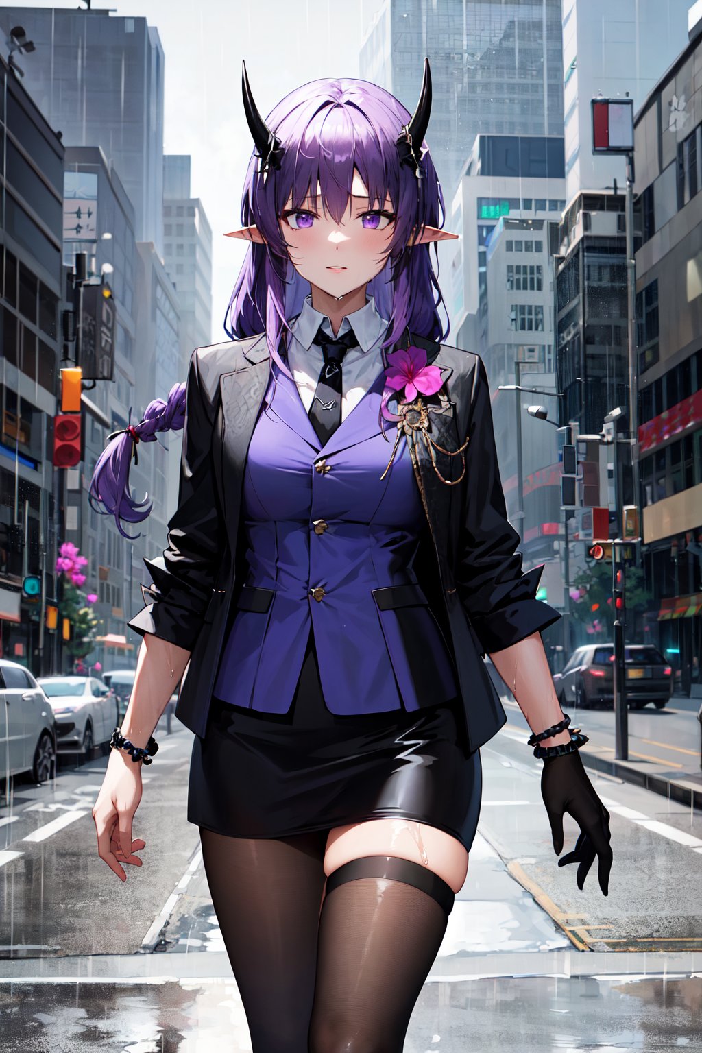 masterpiece, best quality, highres, aahibis, long hair, purple hair, braid, pointy ears, horns, black necktie, purple shirt, black jacket, open clothes, pink flower, long sleeves, bracelet, black gloves, half gloves, black skirt, black pantyhose, <lora:hibiscus_the_purifier_v1:0.7>, ruins, walking, cowboy shot, (rain:1.2), wet