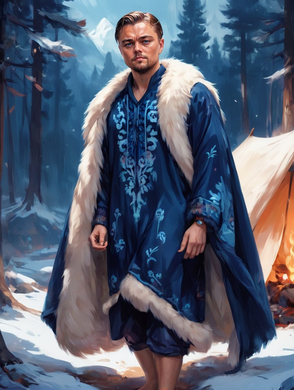 art by Ross Tran and Lois van Baarle, concept art, (Leonardo DiCaprio:1.2) Camping, he is wearing Chinoiserie tunic, The Fur and Shearling tunic is Sexy, deep indigo Yak Eyes, Unsplash, Sharp and in focus, absurdres, Illustration, Warmcore, F/1.8, adobe lightroom, Pixabay, <lora:ArgazXL:0.8> argazxl, traditional outfit