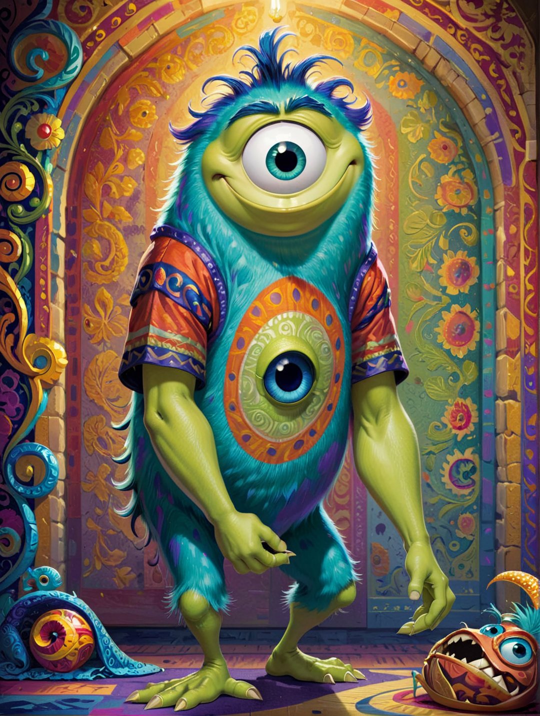 Georgian Mike Wazowski, background, vivid colors, patterns, intricate designs, colorful, rich colors, ,ArgazXL