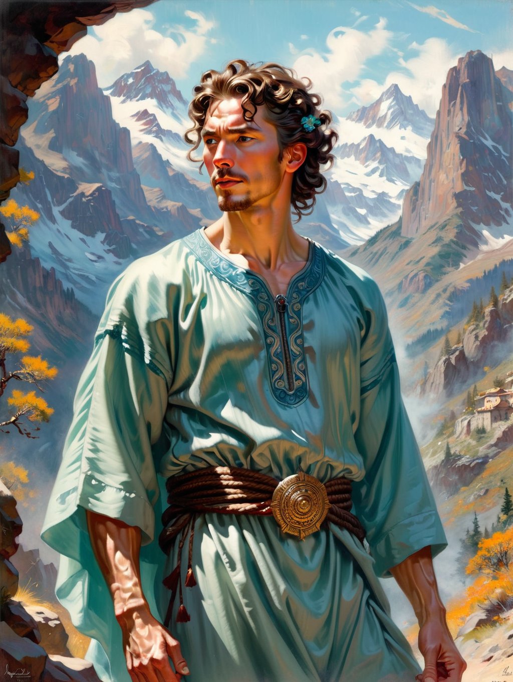concept art, desolate mountains, intricate background, Kindhearted Grunge (Male Gorgon:1.3) , Movement pose, Side-swept curls hairstyle, Unsplash, arthouse, Ultra Real, Joyful, 35mm, Cold Colors, Aquamarine detailed eyes, skin pores, trending on artstation, UHD, art by thomas kindkade, alphonse mucha, loish, peter chung and norman rockwell, <lora:ArgazXL:0.8> argazxl, traditional outfit