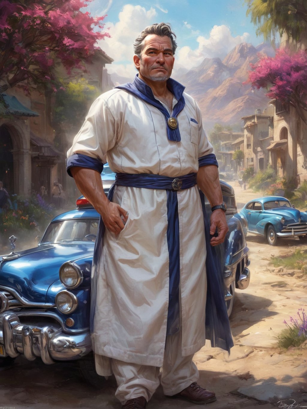 concept art, 36 year old (Ceres:1.2) , the Male is Arcane, he is cosplaying as Doc Hudson from Cars, White Cybernetics, UHD, tilt shift, designed by Thomas Kinkade, Artgerm and Dan Mumford, hyperdetailed, Vivid, Decora, Sunlight, Technicolor, Dota style, made of Brass, pixiv, extremely beautiful, ,  argazxl, traditional outfit