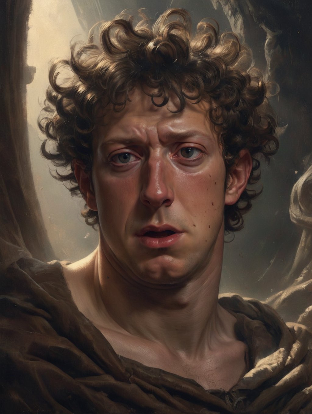 by raphael, caravaggio, greg rutkowski, beeple, beksinski and giger, concept art, Tired beefy Catalan (Mark Zuckerberg:1.1) Frolicking, Tilted head, his hair is Trendy, beautiful, Hazy conditions, split diopter, UHD, layered textures, trending on artstation, hyperdetailed, <lora:ArgazXL:0.8> argazxl, traditional outfit