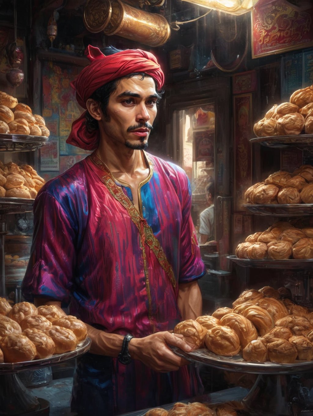 stylized by Dan Mumford, Artgerm, Greg Rutkowski and Andy Warhol, a bakery full of [Vietnamese|Iraqi] (Laurence Fishburnes:1.1) , and Aladdin, Arcanist, highly detailed, Pixabay, side lit, vibrant, trending on CGSociety, HDR, <lora:ArgazXL:0.8> argazxl, traditional outfit
