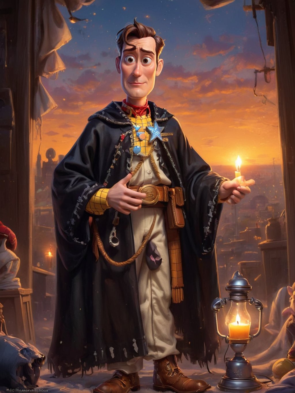 designed by Dan Mumford and Artgerm, concept art, fairy tale, Kindhearted Bewitching (Woody from Toy Story:1.2) , Woody is wearing a Thawb that was forged by Tesla, It is Shabby, Headband, Earbuds, Srebrna Góra in background, award winning, at Sunset, trending on CGSociety, Sci-Fi, Post-Impressionism, Candle light, wallpaper, 4K, <lora:ArgazXL:0.8> argazxl, traditional outfit