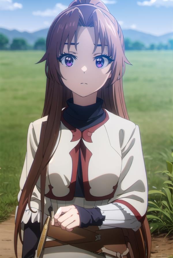 apprenticecleric, <lora:apprenticecleric-lora-nochekaiser:1>, apprentice cleric, long hair, brown hair, (purple eyes:1.1), ponytail, parted bangs,BREAK dress, belt, long sleeves,BREAK outdoors, forest, grass, nature, sky, cloud, sun,BREAK looking at viewer, (cowboy shot:1.5),BREAK <lyco:GoodHands-beta2:1>, (masterpiece:1.2), best quality, high resolution, unity 8k wallpaper, (illustration:0.8), (beautiful detailed eyes:1.6), extremely detailed face, perfect lighting, extremely detailed CG, (perfect hands, perfect anatomy),