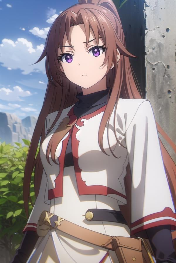 apprenticecleric, <lora:apprenticecleric-lora-nochekaiser:1>, apprentice cleric, long hair, brown hair, (purple eyes:1.1), ponytail, parted bangs,BREAK dress, belt, long sleeves,BREAK outdoors, forest, grass, nature, sky, cloud, sun,BREAK looking at viewer, (cowboy shot:1.5),BREAK <lyco:GoodHands-beta2:1>, (masterpiece:1.2), best quality, high resolution, unity 8k wallpaper, (illustration:0.8), (beautiful detailed eyes:1.6), extremely detailed face, perfect lighting, extremely detailed CG, (perfect hands, perfect anatomy),