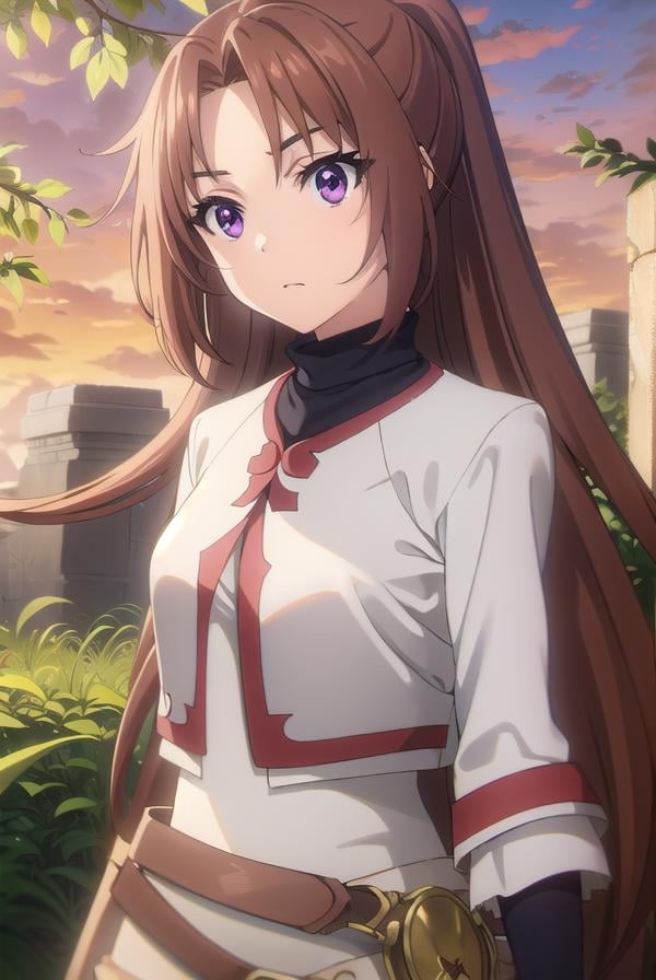 apprenticecleric, <lora:apprenticecleric-lora-nochekaiser:1>, apprentice cleric, long hair, brown hair, (purple eyes:1.1), ponytail, parted bangs,BREAK dress, belt, long sleeves,BREAK outdoors, forest, grass, nature, sky, cloud, sun,BREAK looking at viewer, (cowboy shot:1.5),BREAK <lyco:GoodHands-beta2:1>, (masterpiece:1.2), best quality, high resolution, unity 8k wallpaper, (illustration:0.8), (beautiful detailed eyes:1.6), extremely detailed face, perfect lighting, extremely detailed CG, (perfect hands, perfect anatomy),