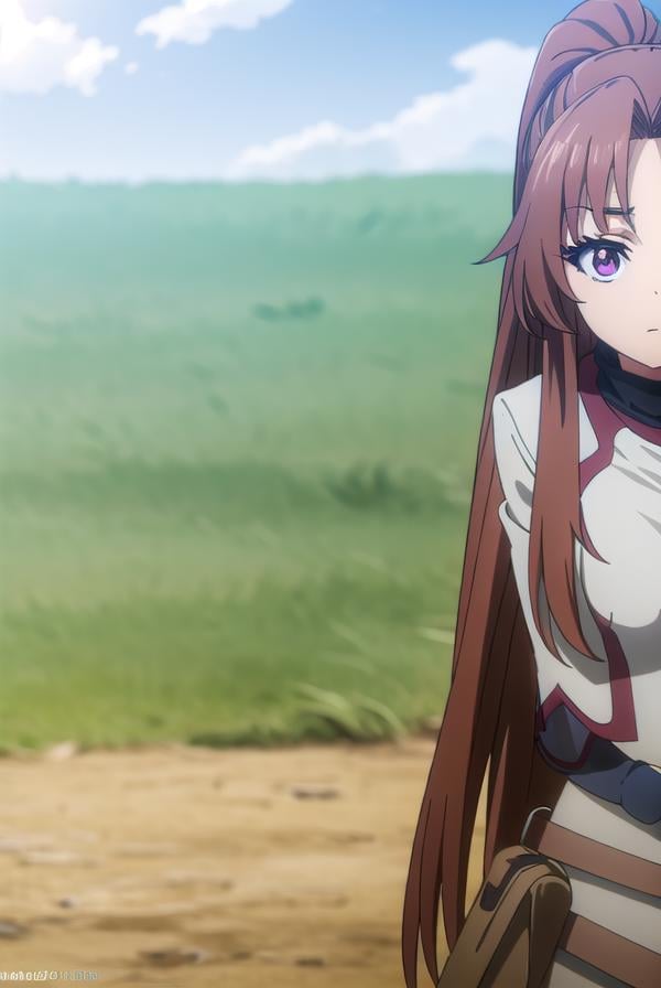 apprenticecleric, <lora:apprenticecleric-lora-nochekaiser:1>, apprentice cleric, long hair, brown hair, (purple eyes:1.1), ponytail, parted bangs,BREAK dress, belt, long sleeves,BREAK outdoors, forest, grass, nature, sky, cloud, sun,BREAK looking at viewer, (cowboy shot:1.5),BREAK <lyco:GoodHands-beta2:1>, (masterpiece:1.2), best quality, high resolution, unity 8k wallpaper, (illustration:0.8), (beautiful detailed eyes:1.6), extremely detailed face, perfect lighting, extremely detailed CG, (perfect hands, perfect anatomy),