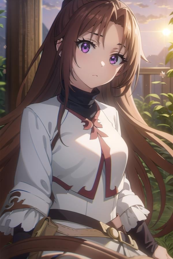 apprenticecleric, <lora:apprenticecleric-lora-nochekaiser:1>, apprentice cleric, long hair, brown hair, (purple eyes:1.1), ponytail, parted bangs,BREAK dress, belt, long sleeves,BREAK outdoors, forest, grass, nature, sky, cloud, sun,BREAK looking at viewer, (cowboy shot:1.5),BREAK <lyco:GoodHands-beta2:1>, (masterpiece:1.2), best quality, high resolution, unity 8k wallpaper, (illustration:0.8), (beautiful detailed eyes:1.6), extremely detailed face, perfect lighting, extremely detailed CG, (perfect hands, perfect anatomy),