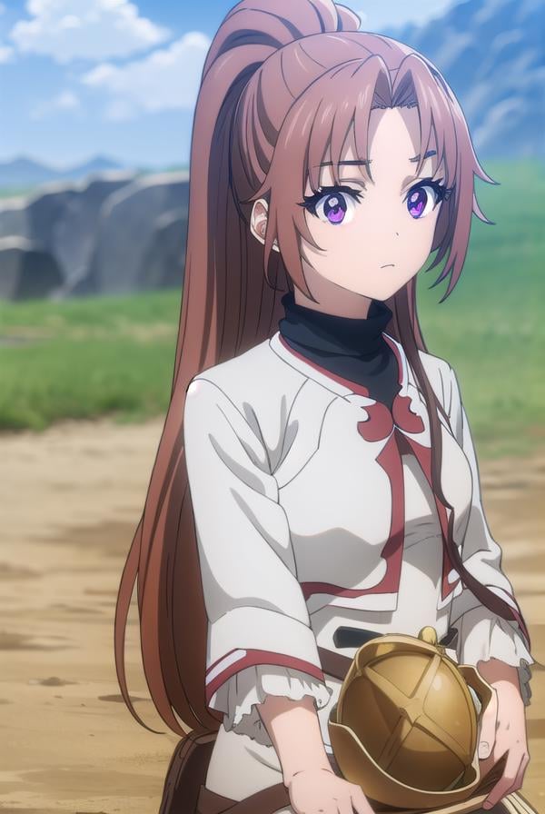 apprenticecleric, <lora:apprenticecleric-lora-nochekaiser:1>, apprentice cleric, long hair, brown hair, (purple eyes:1.1), ponytail, parted bangs,BREAK dress, belt, long sleeves,BREAK outdoors, forest, grass, nature, sky, cloud, sun,BREAK looking at viewer, (cowboy shot:1.5),BREAK <lyco:GoodHands-beta2:1>, (masterpiece:1.2), best quality, high resolution, unity 8k wallpaper, (illustration:0.8), (beautiful detailed eyes:1.6), extremely detailed face, perfect lighting, extremely detailed CG, (perfect hands, perfect anatomy),