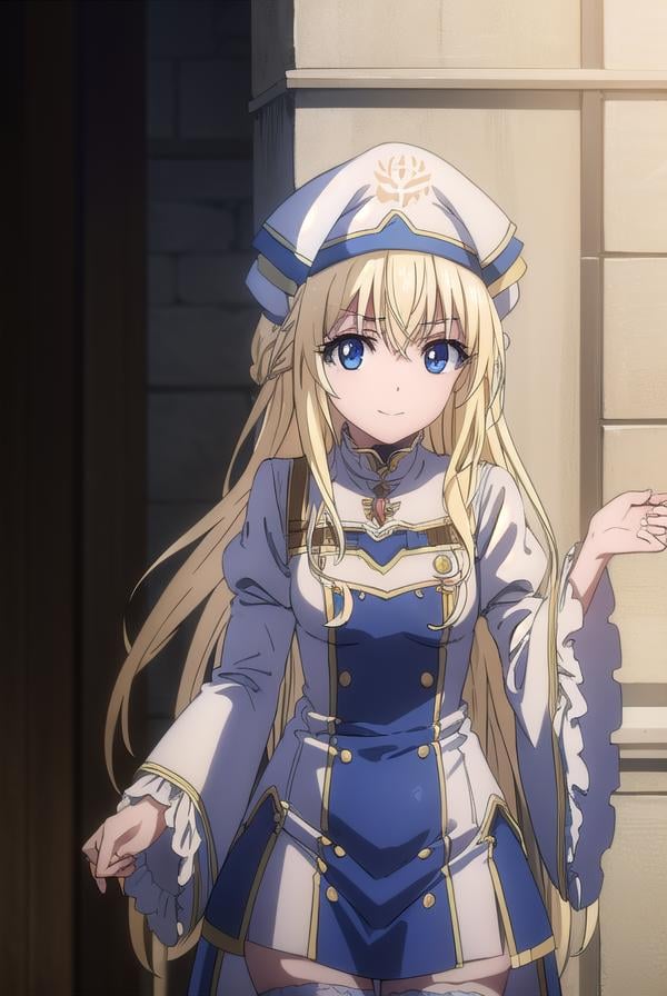 priestess, <lyco:priestesss2-lyco-nochekaiser:1>, priestess, blonde hair, blue eyes, long hair, hair between eyes, (small breast:1.2), smile,BREAK boots, dress, frilled sleeves, frills, hat, white headwear, pelvic curtain, high heels, robe, thigh boots, thighhighs, white thighhighs, long sleeves, puffy sleeves,BREAK indoors, church,BREAK looking at viewer, (cowboy shot:1.5),BREAK <lyco:GoodHands-beta2:1>, (masterpiece:1.2), best quality, high resolution, unity 8k wallpaper, (illustration:0.8), (beautiful detailed eyes:1.6), extremely detailed face, perfect lighting, extremely detailed CG, (perfect hands, perfect anatomy),