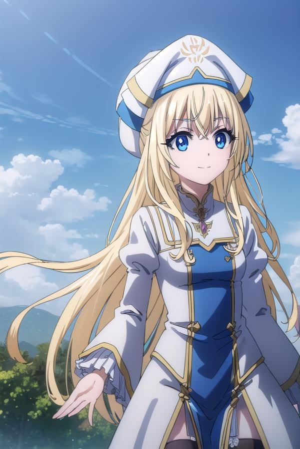 priestess, <lyco:priestesss2-lyco-nochekaiser:1>, priestess, blonde hair, blue eyes, long hair, hair between eyes, (small breast:1.2), smile,BREAK boots, dress, frilled sleeves, frills, hat, white headwear, pelvic curtain, high heels, robe, thigh boots, thighhighs, white thighhighs, long sleeves, puffy sleeves,BREAK outdoors, nature, forest, grass, sky, sun, cloud,BREAK looking at viewer, (cowboy shot:1.5),BREAK <lyco:GoodHands-beta2:1>, (masterpiece:1.2), best quality, high resolution, unity 8k wallpaper, (illustration:0.8), (beautiful detailed eyes:1.6), extremely detailed face, perfect lighting, extremely detailed CG, (perfect hands, perfect anatomy),