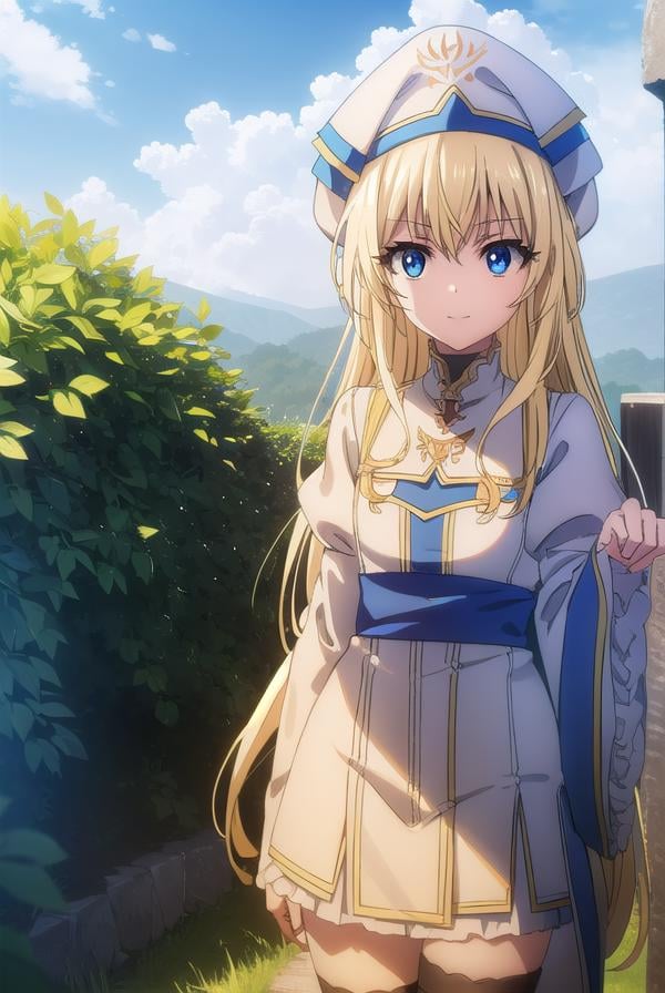 priestess, <lyco:priestesss2-lyco-nochekaiser:1>, priestess, blonde hair, blue eyes, long hair, hair between eyes, (small breast:1.2), smile,BREAK boots, dress, frilled sleeves, frills, hat, white headwear, pelvic curtain, high heels, robe, thigh boots, thighhighs, white thighhighs, long sleeves, puffy sleeves,BREAK outdoors, grass, nature, forest, cloud, sky, sun,BREAK looking at viewer, (cowboy shot:1.5),BREAK <lyco:GoodHands-beta2:1>, (masterpiece:1.2), best quality, high resolution, unity 8k wallpaper, (illustration:0.8), (beautiful detailed eyes:1.6), extremely detailed face, perfect lighting, extremely detailed CG, (perfect hands, perfect anatomy),