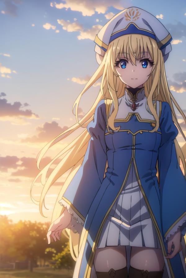 priestess, <lyco:priestesss2-lyco-nochekaiser:1>, priestess, blonde hair, blue eyes, long hair, hair between eyes, (small breast:1.2), smile,BREAK boots, dress, frilled sleeves, frills, hat, white headwear, pelvic curtain, high heels, robe, thigh boots, thighhighs, white thighhighs, long sleeves, puffy sleeves,BREAK outdoors, nature, forest, grass, sky, sun, cloud,BREAK looking at viewer, (cowboy shot:1.5),BREAK <lyco:GoodHands-beta2:1>, (masterpiece:1.2), best quality, high resolution, unity 8k wallpaper, (illustration:0.8), (beautiful detailed eyes:1.6), extremely detailed face, perfect lighting, extremely detailed CG, (perfect hands, perfect anatomy),