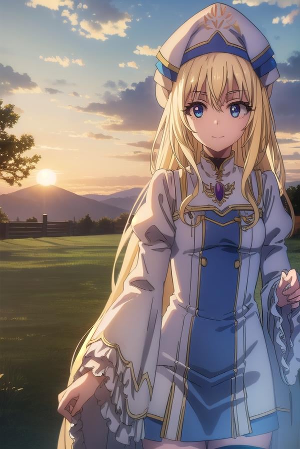 priestess, <lyco:priestesss2-lyco-nochekaiser:1>, priestess, blonde hair, blue eyes, long hair, hair between eyes, (small breast:1.2), smile,BREAK boots, dress, frilled sleeves, frills, hat, white headwear, pelvic curtain, high heels, robe, thigh boots, thighhighs, white thighhighs, long sleeves, puffy sleeves,BREAK outdoors, grass, nature, forest, cloud, sky, sun,BREAK looking at viewer, (cowboy shot:1.5),BREAK <lyco:GoodHands-beta2:1>, (masterpiece:1.2), best quality, high resolution, unity 8k wallpaper, (illustration:0.8), (beautiful detailed eyes:1.6), extremely detailed face, perfect lighting, extremely detailed CG, (perfect hands, perfect anatomy),