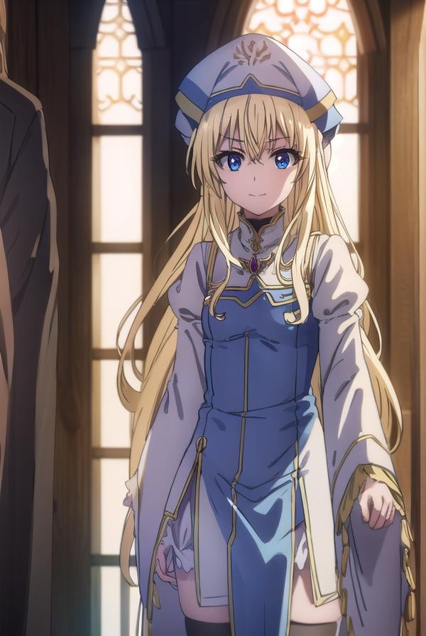 priestess, <lyco:priestesss2-lyco-nochekaiser:1>, priestess, blonde hair, blue eyes, long hair, hair between eyes, (small breast:1.2), smile,BREAK boots, dress, frilled sleeves, frills, hat, white headwear, pelvic curtain, high heels, robe, thigh boots, thighhighs, white thighhighs, long sleeves, puffy sleeves,BREAK indoors, church,BREAK looking at viewer, (cowboy shot:1.5),BREAK <lyco:GoodHands-beta2:1>, (masterpiece:1.2), best quality, high resolution, unity 8k wallpaper, (illustration:0.8), (beautiful detailed eyes:1.6), extremely detailed face, perfect lighting, extremely detailed CG, (perfect hands, perfect anatomy),