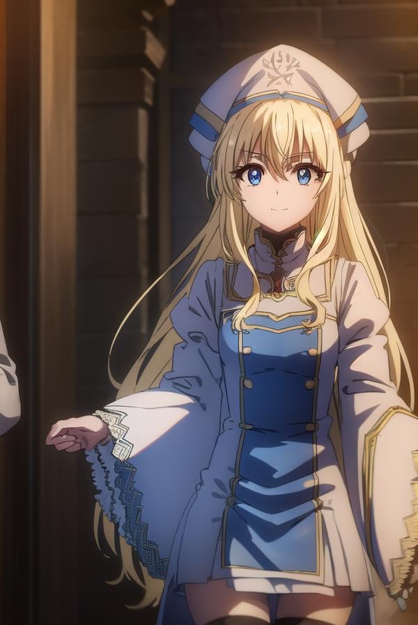 priestess, <lyco:priestesss2-lyco-nochekaiser:1>, priestess, blonde hair, blue eyes, long hair, hair between eyes, (small breast:1.2), smile,BREAK boots, dress, frilled sleeves, frills, hat, white headwear, pelvic curtain, high heels, robe, thigh boots, thighhighs, white thighhighs, long sleeves, puffy sleeves,BREAK indoors, church,BREAK looking at viewer, (cowboy shot:1.5),BREAK <lyco:GoodHands-beta2:1>, (masterpiece:1.2), best quality, high resolution, unity 8k wallpaper, (illustration:0.8), (beautiful detailed eyes:1.6), extremely detailed face, perfect lighting, extremely detailed CG, (perfect hands, perfect anatomy),