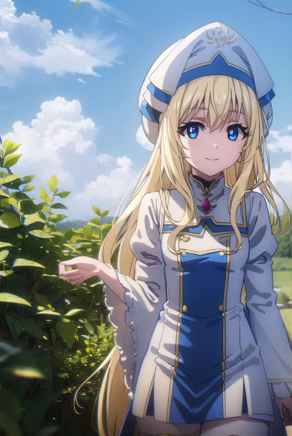 priestess, <lyco:priestesss2-lyco-nochekaiser:1>, priestess, blonde hair, blue eyes, long hair, hair between eyes, (small breast:1.2), smile,BREAK boots, dress, frilled sleeves, frills, hat, white headwear, pelvic curtain, high heels, robe, thigh boots, thighhighs, white thighhighs, long sleeves, puffy sleeves,BREAK outdoors, grass, nature, forest, cloud, sky, sun,BREAK looking at viewer, (cowboy shot:1.5),BREAK <lyco:GoodHands-beta2:1>, (masterpiece:1.2), best quality, high resolution, unity 8k wallpaper, (illustration:0.8), (beautiful detailed eyes:1.6), extremely detailed face, perfect lighting, extremely detailed CG, (perfect hands, perfect anatomy),