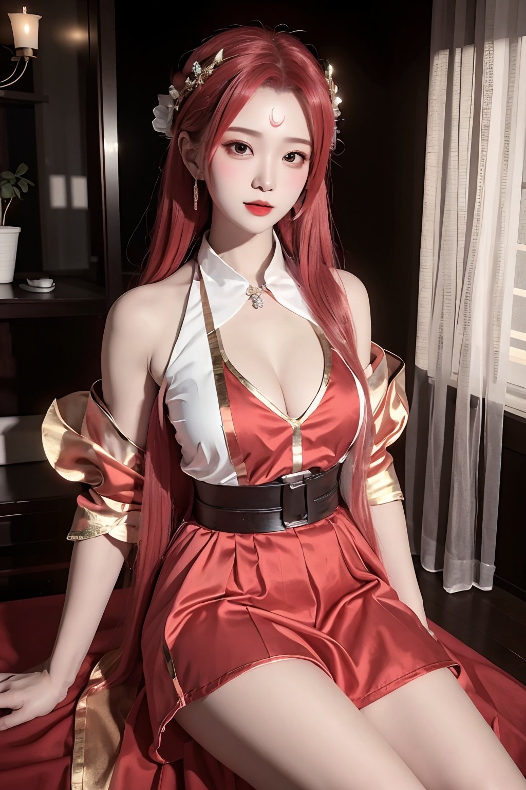 <lora:diaochan_huanling-000004:0.7>, masterpiece, high quality, 1girl, hair ornament, forehead mark, upper body, long hair, red hair, bare shoulders, breasts, bare legs, diaochan_meiling, dressnatural lighting, shallow depth of field, romantic setting, dreamy pastel palette, whimsical details, captured on film