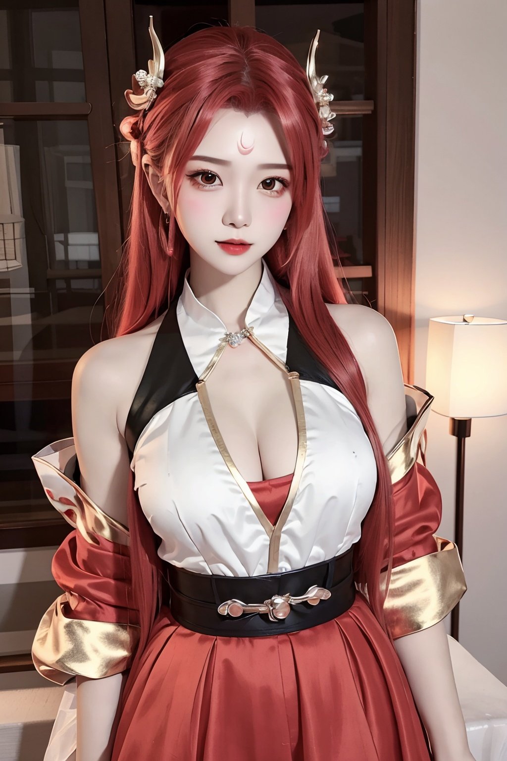 <lora:diaochan_huanling-000004:0.7>, masterpiece, high quality, 1girl, hair ornament, forehead mark, upper body, long hair, red hair, bare shoulders, breasts, bare legs, diaochan_meiling, dressnatural lighting, shallow depth of field, romantic setting, dreamy pastel palette, whimsical details, captured on film