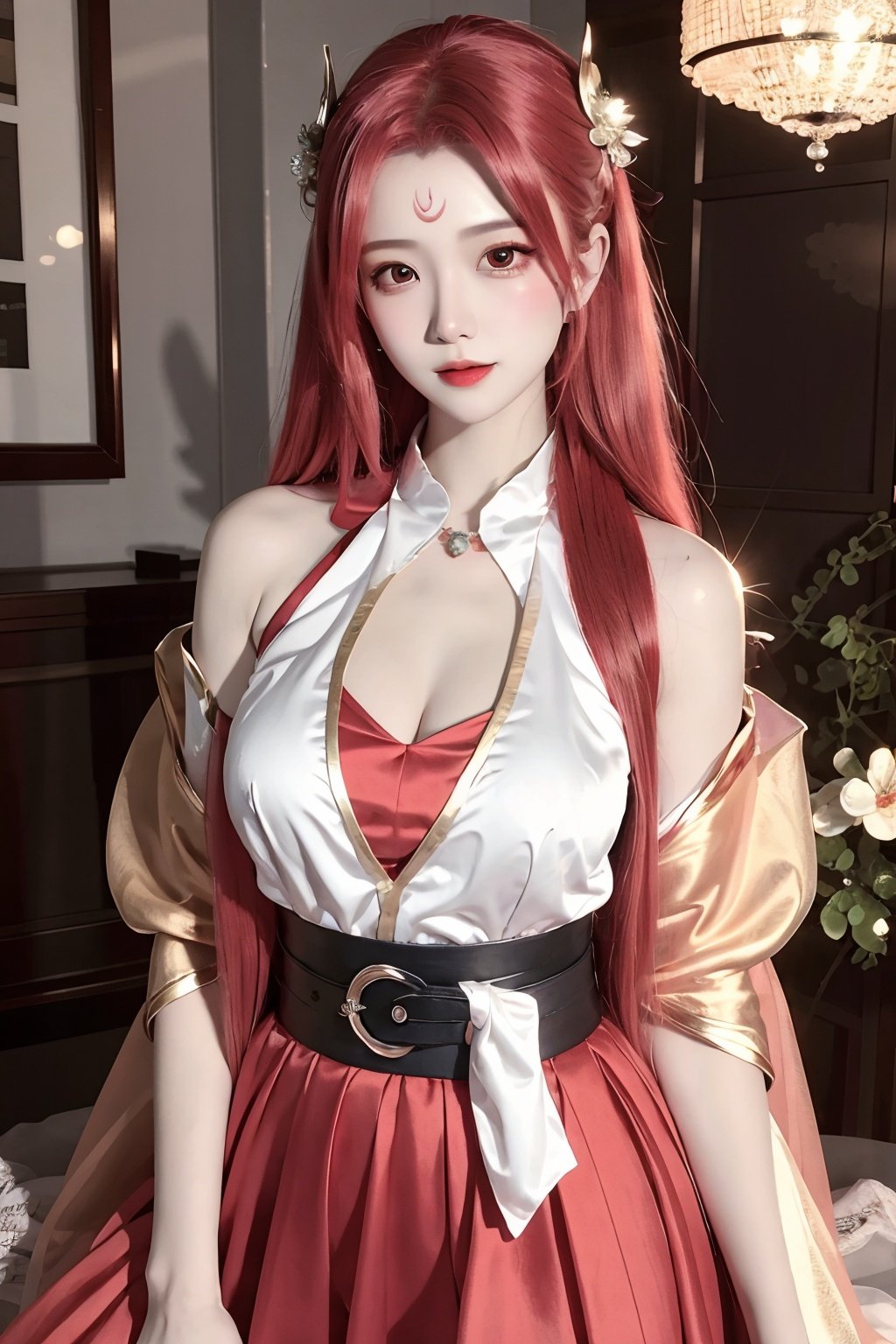 <lora:diaochan_huanling-000004:0.7>, masterpiece, high quality, 1girl, hair ornament, forehead mark, upper body, long hair, red hair, bare shoulders, breasts, bare legs, diaochan_meiling, dressnatural lighting, shallow depth of field, romantic setting, dreamy pastel palette, whimsical details, captured on film